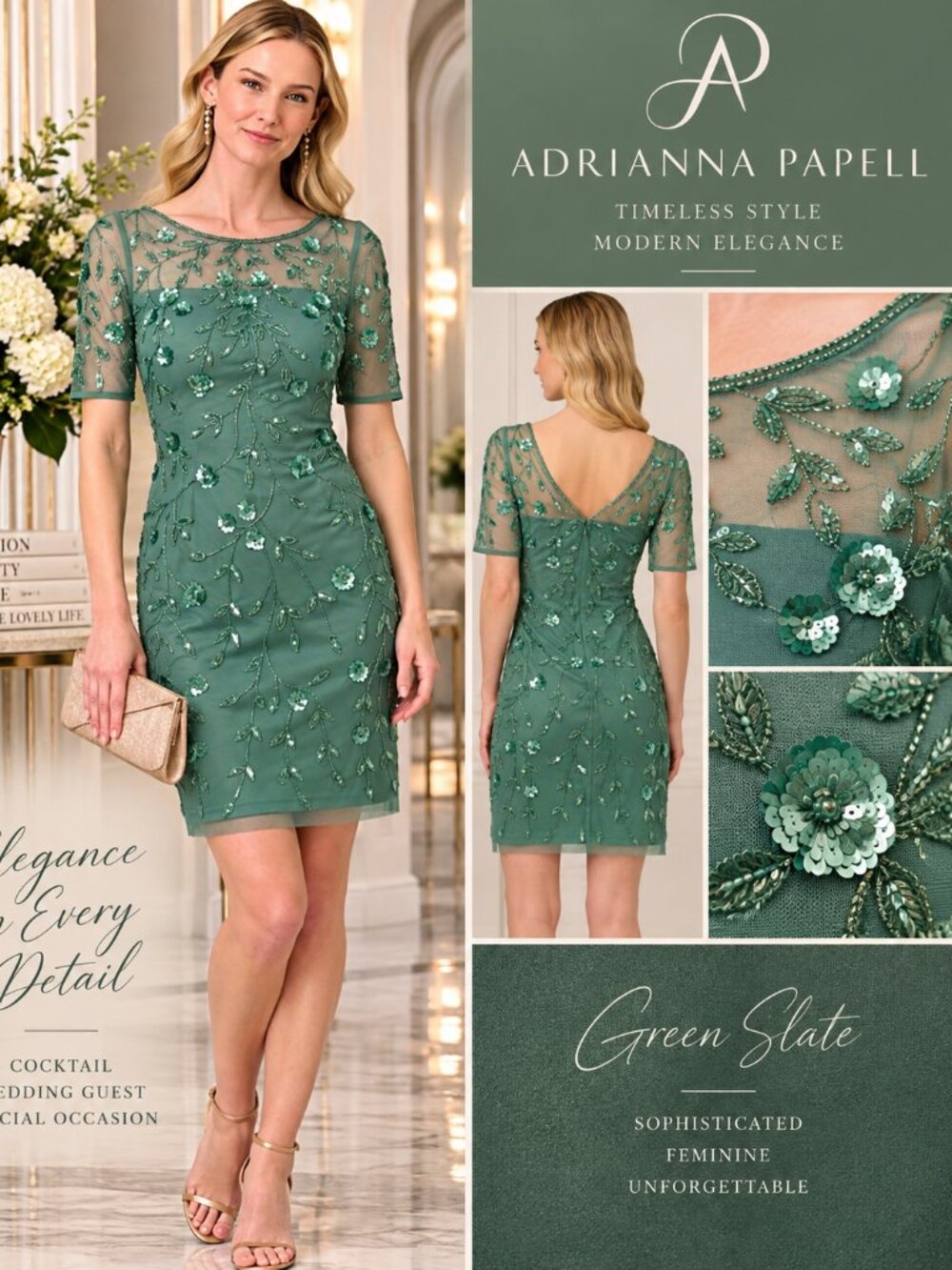 Adrianna Papell 16 Green Slate 3D Floral Beaded Sequin Sheath Dress NWT